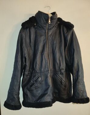 Women's Marcia Collection Italy Skin Black Leather Fur Jacket Coat Size XL